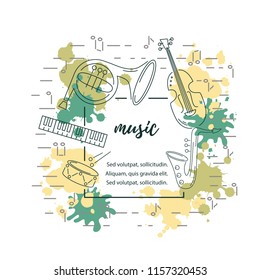 Template for music festival, jazz party, invitation, greeting card, concert poster. Vector illustration with saxophone, piano, violin, french horn, drum. Line style.