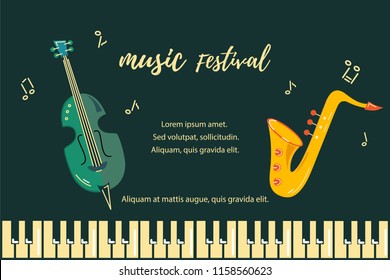Template for music festival, jazz party, invitation, greeting card, concert poster, web, school of music. Vector illustration with saxophone, double bass and piano keyboard. Flat style.