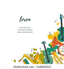 Template for music festival, jazz party, invitation, greeting card, concert poster. Vector illustration with saxophone, guitar, violin, french horn, drum. Flat style.