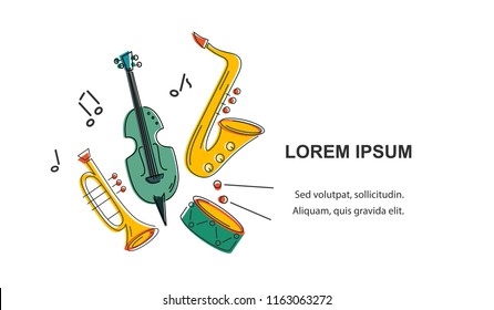 Template for music festival, jazz party, invitation, greeting card, concert poster. Vector illustration with saxophone, violin, trumpet and drum. Flat style.