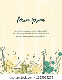 Template for music festival, jazz party, invitation, greeting card, concert poster. Vector illustration with saxophone, guitar, violin, french horn, drum. Line style.