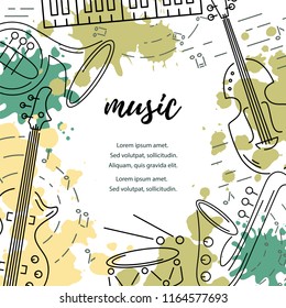 Template for music festival, jazz party, invitation, greeting card, concert poster. Vector illustration with saxophone, piano, guitar, violin, french horn. Line style.