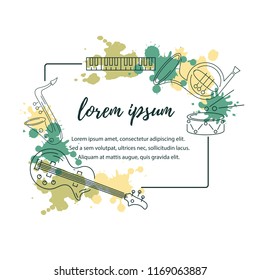 Template for music festival, jazz party, invitation, greeting card, concert poster. Vector illustration with saxophone, piano, drum, guitar, trumpet. Line style.