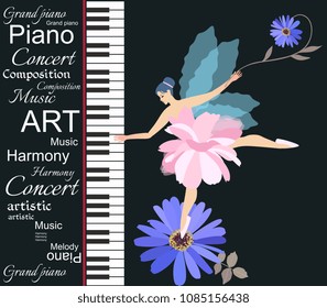 Template for musical banner with abstract text, flowers and cute little fairy girl playing on piano keyboard isolated on black background in vector.