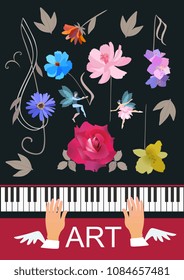 Template for musical banner with piano keyboard, winged hands, cute little fairy and elf, trble clef and musical notes in shape of flowers isolated on black background in vector.