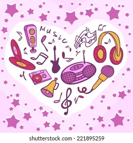 Template musical objects. Stylized illustration of a tape recorder, microphone, music, guitar, headphones, audio cassettes, compact discs, speakers.