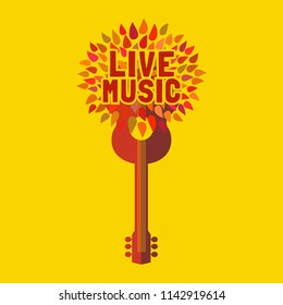 Template for musical poster, emblem, logo. Acoustic guitar silhouette. Minimalist design style. Live Music Festival, musical concert advertisement sign. Event background vector vintage illustration