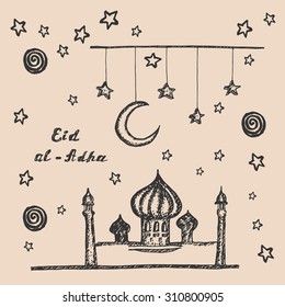 Template for muslim holiday Feast of the Sacrif (Eis al-Adha) with stars and hand drawn church on pastel background. Vector illustration.
