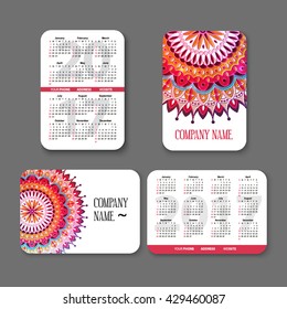 template national design pocket calendar 2017 with colorful mandala. vector illustration. Vertical and horizontal pocket calendar page