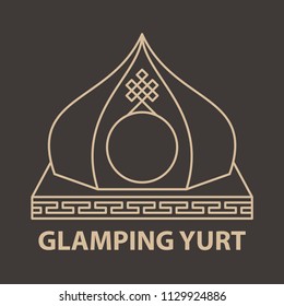 Template with native yurt for glamping. Flat line style glamping travel logo. Vector illustration.