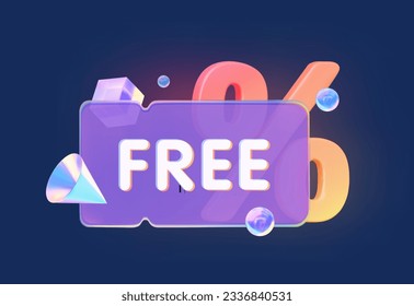 Template neon coupon with percentage sign. Orange percentage with abstract holographic shapes on a dark background. It can be used for social media posts, web banners, flyers or leaflets. 