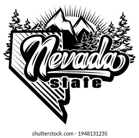 Template with Nevada state and mountains. Vector monochrome illustration. Design element for business card, advertisement, invitation, website.