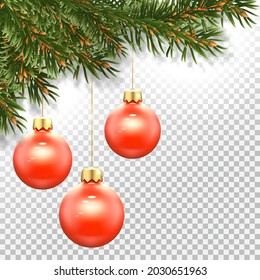 Template for a New Year card with branches of a Christmas tree and a Christmas tree toy - red balls, ornaments and sparkles. realistic t  illustration. On a transparent background are isolated. Vector