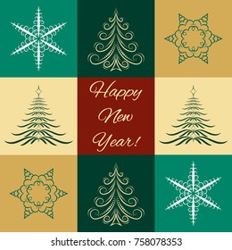 Template of New Year Card witn stylized christmas trees and snowflakes 