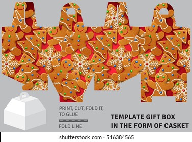 Template New Year cardboard gift box in the form of casket with gingerbread background