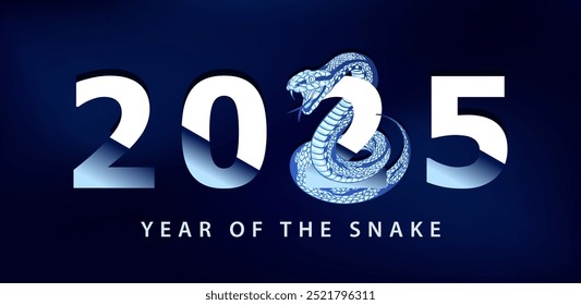 Template of New Year or Christmas banner with hand drawn cyan silver coiled snake intertwines with sliced number 2025, symbolizing the Chinese zodiac's Year of the Snake on dark blue background