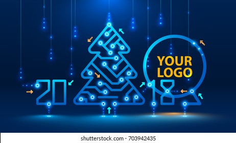 Template new year and Christmas cards in the style of new technologies. Christmas tree, 2018 year on the printed circuit Board. Snowfall and snow flakes from the electronic pulses and signals. VECTOR 