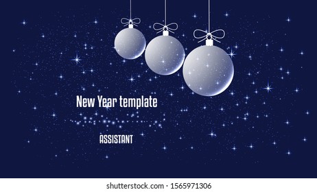 Template for New Year or Christmas project. Winter background, Winter background, Christmas balls, snow and stars.