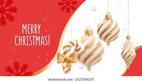 Template New Year and Christmas web banner with luxurious white and gold Christmas ornaments and the text "Merry Christmas!" For card, web banner, or festive greeting flyer.