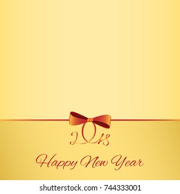 Template for New Year greeting card, postcard. Gift wrapping with bow and ribbon in golden and red colors. Vector illustration on isolated background