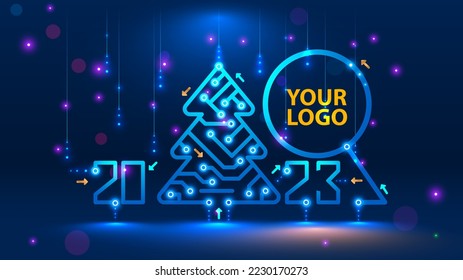 Template New Year and Happy Christmas cards in the style of new technology. Christmas tree, 2023 year on printed circuit Board. Snowfall, snow flakes from the electronic pulses and signals. Tech 2023.