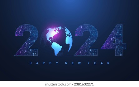 Template New Year and Happy Christmas cards in the style of new technology 2024. Christmas 2024 year on printed circuit board. Digits 2024 in electronic technology style.