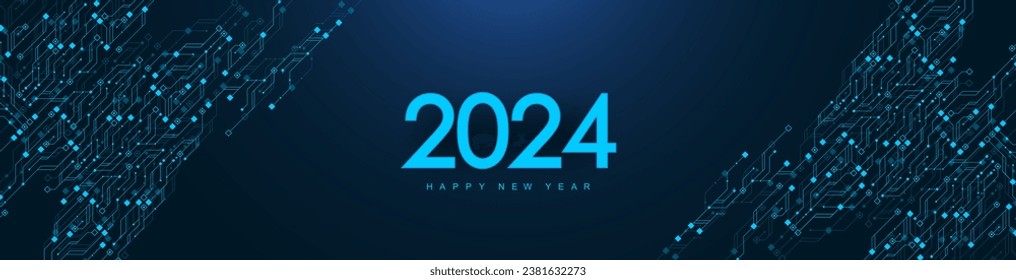 Template New Year and Happy Christmas cards in the style of new technology 2024. Christmas 2024 year on printed circuit board. Digits 2024 in electronic technology style.