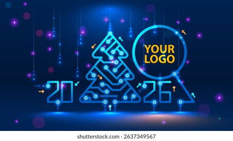 Template New Year and Happy Christmas cards in the style of electronics technologies. Christmas tree, 2026 year made of circuit board or PCB. A Christmas tree in the style of the electronic industry.