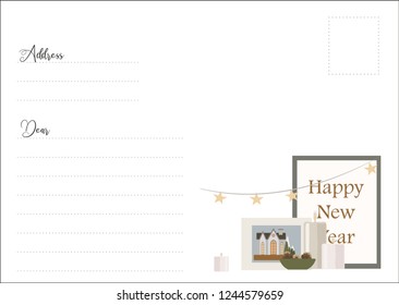 Template of New Year postcard with christmas decorations