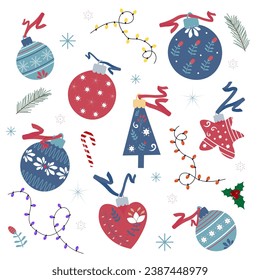 Template with New Year's balls and festive elements. Christmas and New Year. Vector flat illustration. For stickers, diaries, social networks, packaging, textiles and other decor.
