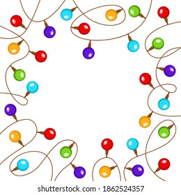 Template for New Year's greetings. Merry Christmas. New year card with glowing garlands. Vector illustration.