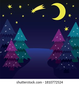 Template night glade in the forest, with fir trees in snowflakes, starry sky, camet and moon, place for text, vector illustration