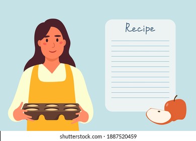 Template or note for filling out recipes. A woman holds a baking dish next to a recipe. Flat vector illustration for the design of a recipe book.