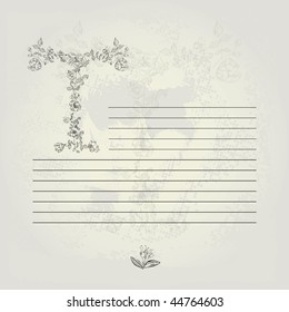 Template for note paper with letter T