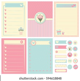 Template for notebook paper, diary, scrapbook and card. Decorated with  flower, heart, gift box.  