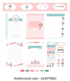 Template for notebook paper, diary, scrapbook and card.  Sticker, label, frame and masking tap. Decorated with giftbox, cake, balloon.