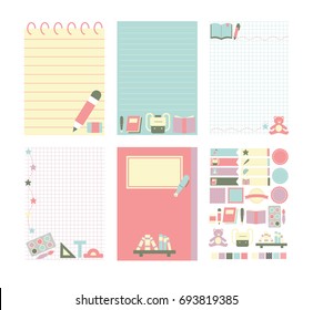 Template for notebook paper, diary, scrapbook, planner and card. Decorated with stationery elements.