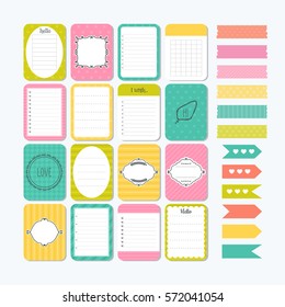 Template for notebooks. Cute design elements. Flat style. Notes, labels, stickers. Collection of various note papers. Vector illustration.