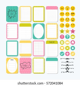 Template for notebooks. Cute design elements. Notes, labels, stickers, smile emoji. Flat style. Collection of various note papers. Vector illustration.