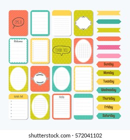 Template for notebooks. Cute design elements in flat style. Notes, labels, stickers. Collection of various note papers. Vector illustration.