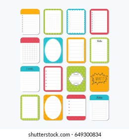 Template for notebooks. Cute design elements. Notes, labels, stickers. Collection of various note papers. Vector illustration