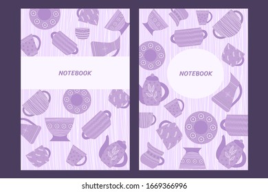 Template for notepad design. Vector illustration of a set of ceramic dishes.