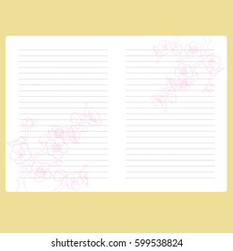 Template notepad. Note book vector. Page with space for text. Paper for records. Diary page. Sakura branch.