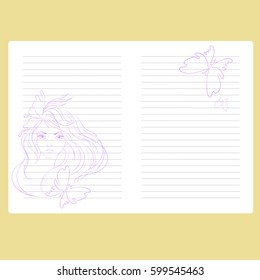 Template notepad. Note book vector. Page with space for text. Paper for records. Diary page. Girl with a butterfly in her hair.