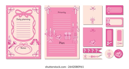 A template for notepad pages, a set of vintage stickers and notes for a girl. Cute pink elements with ribbons and bows, candlesticks and cosmetics. Modern vector design.
