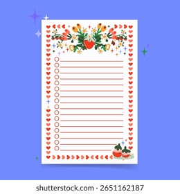 A template for notes decorated with wildflowers, berries and insects in bright colors. A printable diary with a schedule and to-do list, notes. Vector illustration
