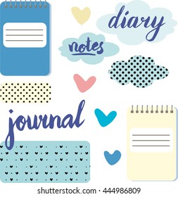 Template for notes, diary, journal. Hand written words "diary", "notes","journal". Vector illustration.