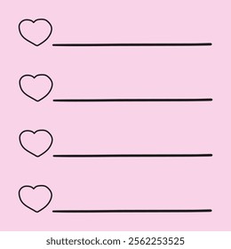 Template for notes, to do lists with hearts. Hand drawn illustration on purple background.