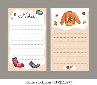 A template for notes made of clean paper, a cozy cardigan, wool socks. A set of vector sheets for notebooks in Scandinavian style autumn winter