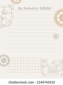 Template for notes My fantastic Ideas in steampunk doodle style, for notes, reminders, plans, ideas, schedule. Vector illustration